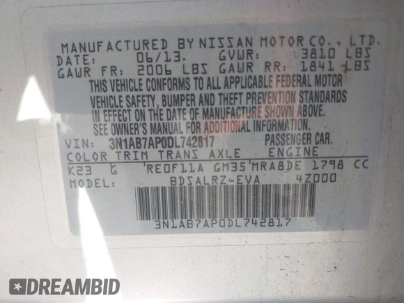 2013 Nissan Sentra FE+ S with VIN 3N1AB7AP0DL742817, listed as a IAAI auction lot 42247014 with 155,285 mi miles and . Bid and sale history available at DreamBid. Image 9.
