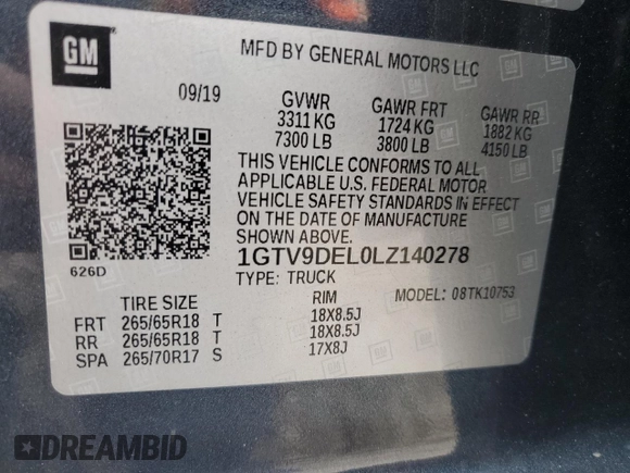 2020 GMC Sierra 1500 SLT z VIN 1GTV9DEL0LZ140278, wystawiony jako Copart lot #56816405 z przebiegiem 65 759 mil mil oraz Szkoda całkowita • Salvage title. Historia ofert i sprzedaży dostępna na DreamBid. Obrazek 13.