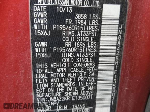 2014 Nissan Cube SL z VIN JN8AZ2KR1ET350071, wystawiony jako Copart lot #61520674 z przebiegiem Nie podano mil oraz Szkoda całkowita • Salvage title. Historia ofert i sprzedaży dostępna na DreamBid. Obrazek 12.