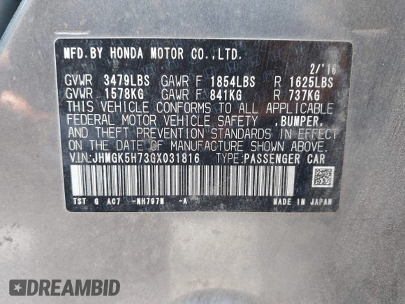 2016 Honda Fit EX z VIN JHMGK5H73GX031816, wystawiony jako IAAI lot #42295931 z przebiegiem Nie podano mil oraz . Historia ofert i sprzedaży dostępna na DreamBid. Obrazek 9.