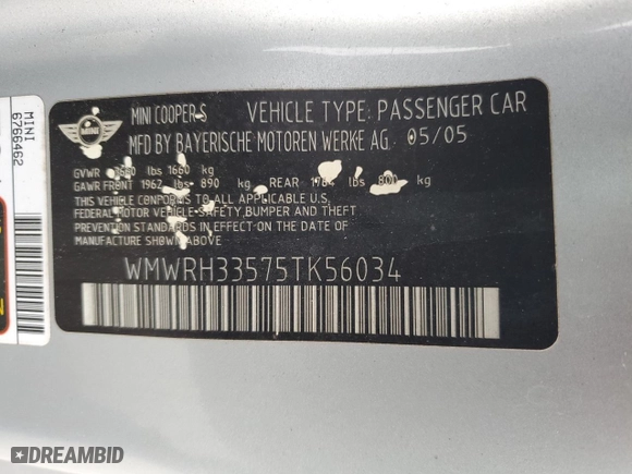 2005 MINI Cooper Convertible S with VIN WMWRH33575TK56034, listed as a Copart auction lot 88043565 with 33,410 mi miles and Salvage Title. Bid and sale history available at carsss.com. Image 12.
