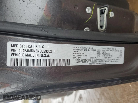 2022 Jeep Cherokee Limited с VIN 1C4PJMDN2ND529362, выставлен на аукционе Copart как лот 55704145 с пробегом 24 950 миль миль и Списание • Salvage title. История ставок и продаж доступна на DreamBid. Изображение 13.