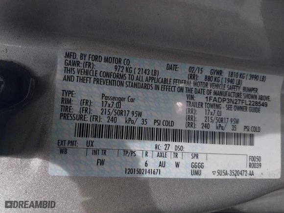 2015 Ford Focus Titanium with VIN 1FADP3N27FL228549, listed as a IAAI auction lot 41912941 with 69,025 mi miles. Bid and sale history available at carsss.com. Image 9.