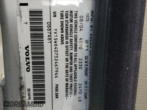 2005 Volvo V70 with VIN YV1SW640752467944, listed as a Copart auction lot 52462375 with 104,439 mi miles and Salvage Title. Bid and sale history available at carsss.com. Image 12.
