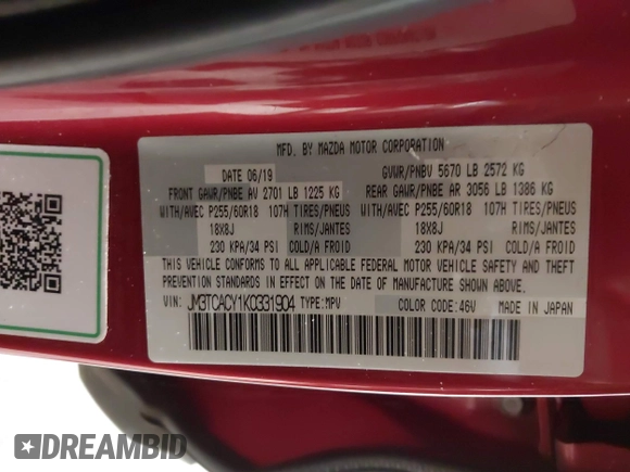 2019 Mazda CX-9 Touring with VIN JM3TCACY1K0331904, listed as a IAAI auction lot 42146945 with 77,699 mi miles and . Bid and sale history available at DreamBid. Image 9.