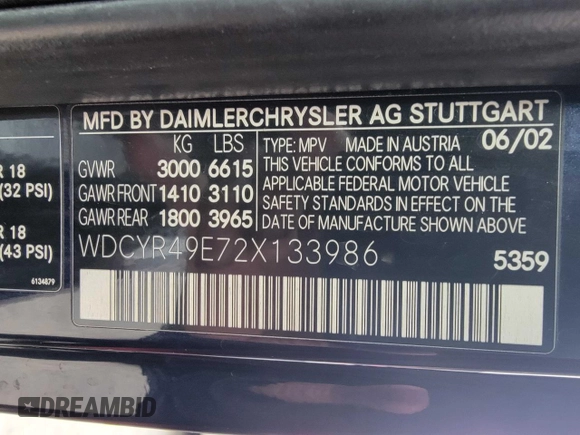 2002 Mercedes-Benz G-Class with VIN WDCYR49E72X133986, listed as a Copart auction lot 54624435 with 138,597 mi miles and Salvage Title. Bid and sale history available at carsss.com. Image 10.