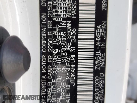 2020 Toyota Prius L Eco z VIN JTDKARFU4L3112436, wystawiony jako Copart lot #56065865 z przebiegiem 170 273 mil mil oraz Szkoda całkowita • Salvage title. Historia ofert i sprzedaży dostępna na DreamBid. Obrazek 12.
