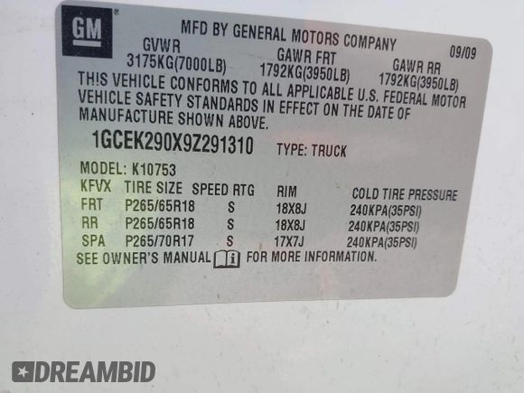2009 Chevrolet Silverado 1500 LT with VIN 1GCEK290X9Z291310, listed as a IAAI auction lot 42055477 with 154,712 mi miles and . Bid and sale history available at DreamBid. Image 9.