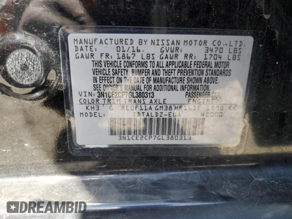 2016 Nissan Note S Plus with VIN 3N1CE2CP7GL380313, listed as a Copart auction lot 49840095 with 59,460 mi miles and Salvage Title. Bid and sale history available at DreamBid. Image 12.