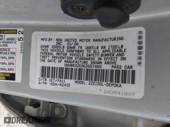 2006 Toyota Corolla CE with VIN 1NXBR32E06Z657483, listed as a IAAI auction lot 42509015 with 181,480 mi miles and . Bid and sale history available at DreamBid. Image 9.