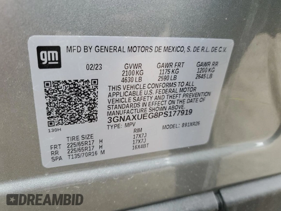 2023 Chevrolet Equinox LT with VIN 3GNAXUEG8PS177919, listed as a Copart auction lot 51448735 with 20,226 mi miles and Clean title. Bid and sale history available at DreamBid. Image 14.