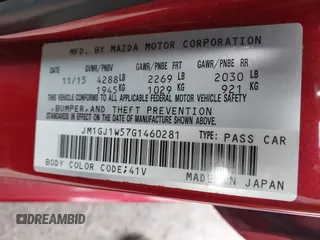 2016 Mazda 6 i Grand Touring with VIN JM1GJ1W57G1460281, listed as a IAAI auction lot 42016051 with 89,784 mi miles. Bid and sale history available at carsss.com. Image 9.
