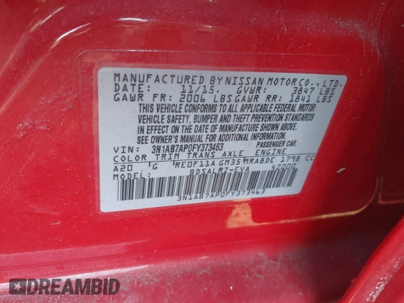 2015 Nissan Sentra SV with VIN 3N1AB7AP0FY373463, listed as a IAAI auction lot 41747539 with 77,841 mi miles and . Bid and sale history available at DreamBid. Image 9.