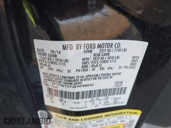 2014 Ford F-150 XL with VIN 1FTFW1CF2EKF68910, listed as a IAAI auction lot 41728533 with Not Provided miles. Bid and sale history available at carsss.com. Image 9.