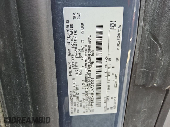 2020 Ford Transit Cargo with VIN 1FTBR3X88LKA56353, listed as a Copart auction lot 78698104 with 74,493 mi miles and Clean Title. Bid and sale history available at DreamBid. Image 13.