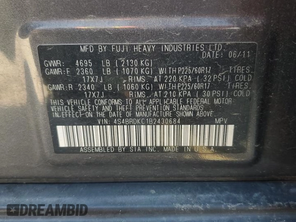 2011 Subaru Outback Limited Power Moon z VIN 4S4BRDKC1B2430684, wystawiony jako Copart lot #53493365 z przebiegiem 159 249 mil mil oraz Szkoda całkowita • Salvage title. Historia ofert i sprzedaży dostępna na DreamBid. Obrazek 15.