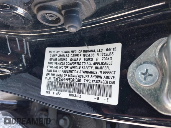 2015 Honda Civic Sedan LX with VIN 19XFB2E57FE061088, listed as a IAAI auction lot 41815595 with 157,248 mi miles. Bid and sale history available at carsss.com. Image 9.
