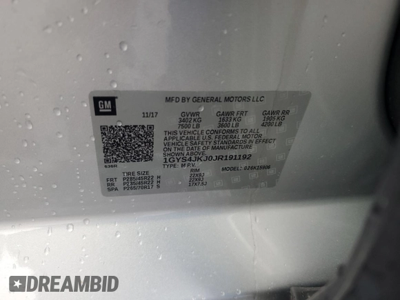 2018 Cadillac Escalade ESV Premium Luxury with VIN 1GYS4JKJ0JR191192, listed as a Copart auction lot 52391485 with 63,292 mi miles and Salvage title. Bid and sale history available at DreamBid. Image 13.