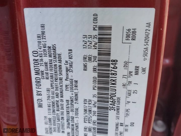 2019 Ford Fusion Hybrid SE with VIN 3FA6P0LU1KR187648, listed as a Copart auction lot 44356945 with 110,163 mi miles and Salvage Title. Bid and sale history available at carsss.com. Image 12.