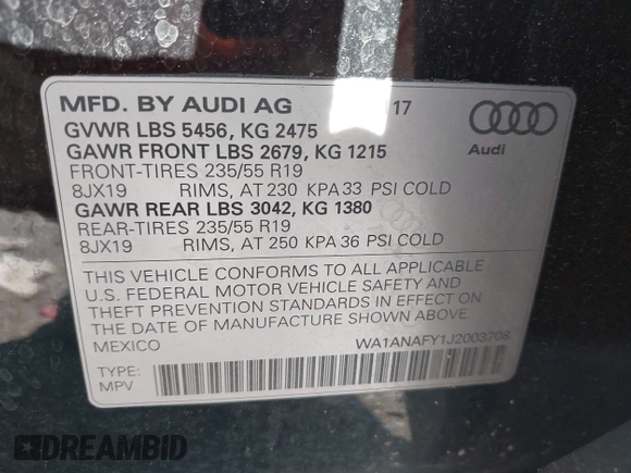 2018 Audi Q5 Premium with VIN WA1ANAFY1J2003708, listed as a IAAI auction lot 42116637 with 60,813 mi miles and . Bid and sale history available at DreamBid. Image 9.