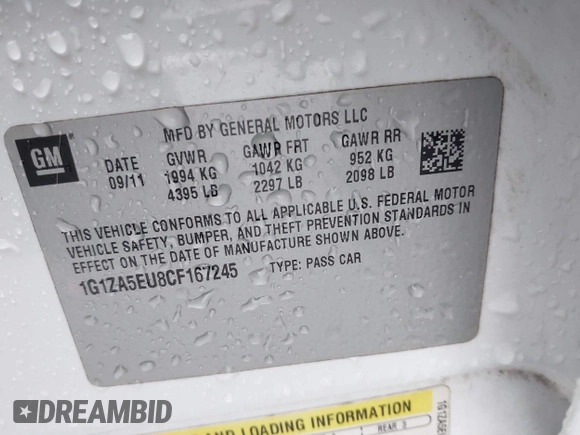 2012 Chevrolet Malibu 1FL with VIN 1G1ZA5EU8CF167245, listed as a IAAI auction lot 41699612 with Not Provided miles and . Bid and sale history available at DreamBid. Image 9.