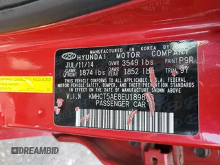 2014 Hyundai Accent GS with VIN KMHCT5AE8EU189813, listed as a Copart auction lot 60126745 with 120,663 mi miles and Salvage title. Bid and sale history available at DreamBid. Image 12.