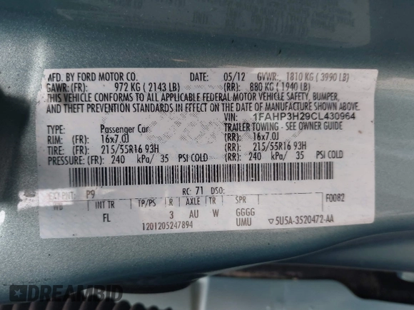 2012 Ford Focus SEL with VIN 1FAHP3H29CL430964, listed as a IAAI auction lot 42186057 with 122,279 mi miles. Bid and sale history available at carsss.com. Image 9.
