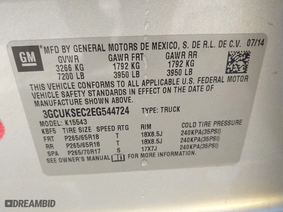2014 Chevrolet Silverado 1500 LTZ with VIN 3GCUKSEC2EG544724, listed as a IAAI auction lot 41925805 with 70,830 mi miles. Bid and sale history available at carsss.com. Image 9.