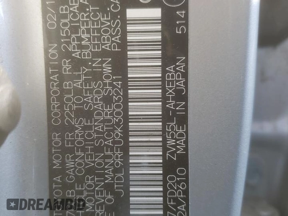2019 Toyota Prius LE with VIN JTDL9RFU9K3003241, listed as a Copart auction lot 51743415 with 52,629 mi miles and Salvage Title. Bid and sale history available at DreamBid. Image 13.