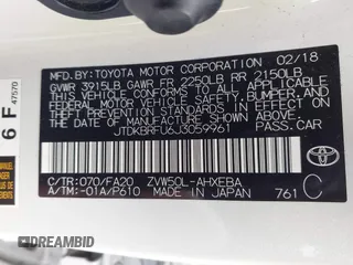 2018 Toyota Prius Two with VIN JTDKBRFU6J3059961, listed as a IAAI auction lot 41560764 with 29,188 mi miles. Bid and sale history available at carsss.com. Image 9.