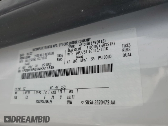 2022 Ford Transit с VIN 1FDBF6PG3NKA11899, выставлен на аукционе Copart как лот 55435745 с пробегом 57 877 миль миль и Списание • Salvage title. История ставок и продаж доступна на DreamBid. Изображение 12.