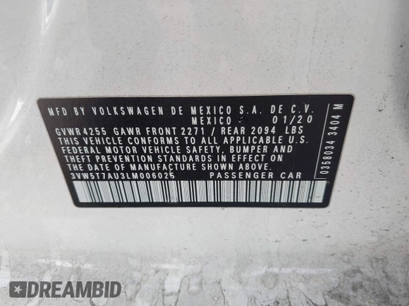 2020 Volkswagen GTI S с VIN 3VW5T7AU3LM006025, выставлен на аукционе IAAI как лот 41833569 с пробегом 73 979 миль миль и . История ставок и продаж доступна на DreamBid. Изображение 9.