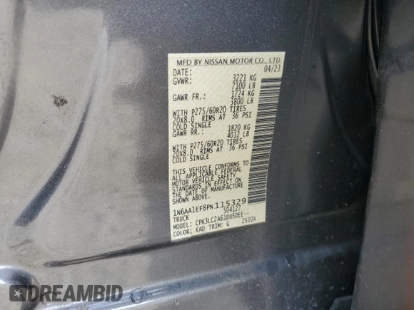 2023 Nissan Titan SV with VIN 1N6AA1EF8PN115329, listed as a Copart auction lot 55326915 with 19,647 mi miles and Salvage title. Bid and sale history available at DreamBid. Image 12.