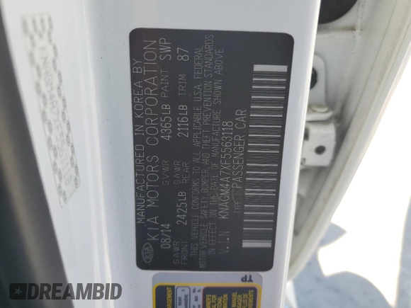 2015 Kia Optima LX with VIN KNAGM4A7XF5563118, listed as a Copart auction lot 50168315 with 111,042 mi miles and Salvage Title. Bid and sale history available at carsss.com. Image 12.
