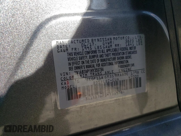 2017 Nissan Sentra SV with VIN 3N1AB7AP1HY359784, listed as a Copart auction lot 53188635 with 66,071 mi miles and Salvage Title. Bid and sale history available at carsss.com. Image 12.