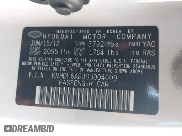 2013 Hyundai Elantra GS z VIN KMHDH6AE3DU004609, wystawiony jako IAAI lot #41738554 z przebiegiem 108 586 mil mil oraz . Historia ofert i sprzedaży dostępna na DreamBid. Obrazek 9.