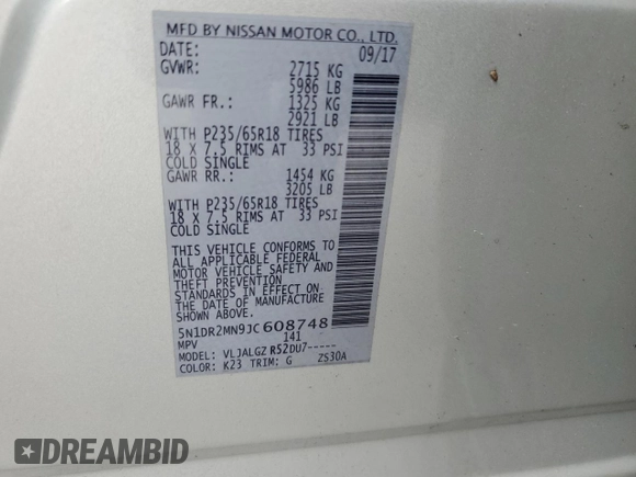 2018 Nissan Pathfinder SL with VIN 5N1DR2MN9JC608748, listed as a Copart auction lot 63747425 with 94,834 mi miles and Clean title. Bid and sale history available at DreamBid. Image 14.