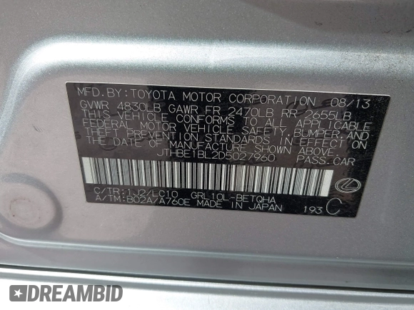 2013 Lexus GS 350 with VIN JTHBE1BL2D5027960, listed as a IAAI auction lot 42358297 with 188,108 mi miles and . Bid and sale history available at DreamBid. Image 9.