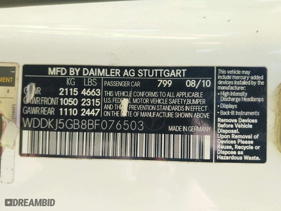2011 Mercedes-Benz E-Class E 350 with VIN WDDKJ5GB8BF076503, listed as a IAAI auction lot 42038949 with 183,181 mi miles. Bid and sale history available at carsss.com. Image 9.
