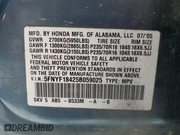 2005 Honda Pilot EX with VIN 5FNYF18425B059025, listed as a Copart auction lot 50590455 with 246,159 mi miles and Salvage Title. Bid and sale history available at DreamBid. Image 15.