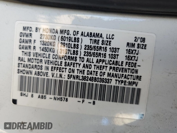 2008 Honda Odyssey LX with VIN 5FNRL38248B039337, listed as a Copart auction lot 46828745 with 321,269 mi miles and Clean Title. Bid and sale history available at carsss.com. Image 13.