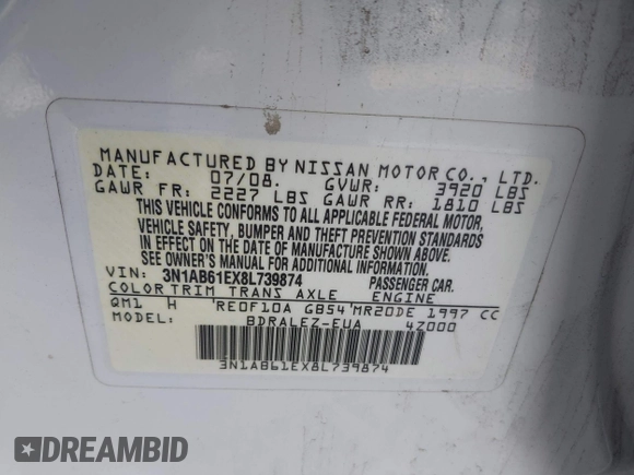 2008 Nissan Sentra S with VIN 3N1AB61EX8L739874, listed as a IAAI auction lot 41950310 with 129,485 mi miles and . Bid and sale history available at DreamBid. Image 9.