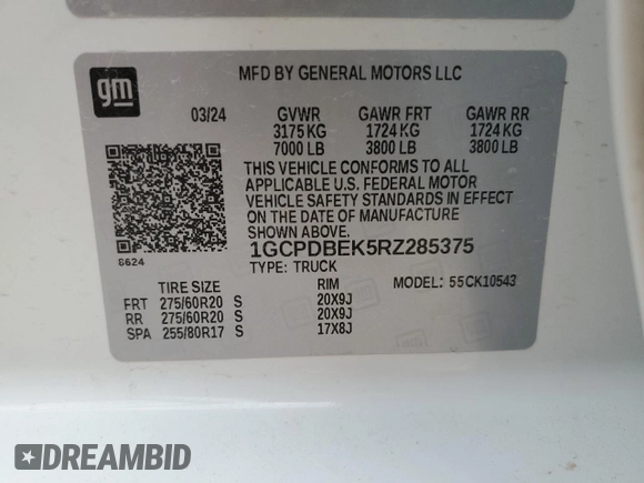 2024 Chevrolet Silverado 1500 Custom with VIN 1GCPDBEK5RZ285375, listed as a Copart auction lot 50422105 with 27,002 mi miles and Salvage Title. Bid and sale history available at DreamBid. Image 14.
