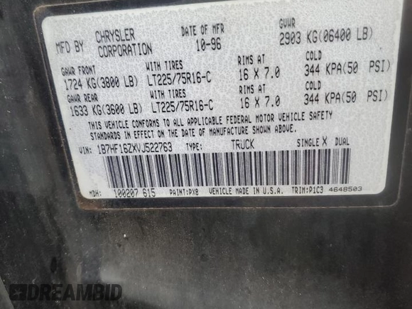 1997 Dodge 1500 z VIN 1B7HF16ZXVJ522763, wystawiony jako Copart lot #42707965 z przebiegiem 119 365 mil mil oraz Szkoda całkowita • Salvage title. Historia ofert i sprzedaży dostępna na DreamBid. Obrazek 13.