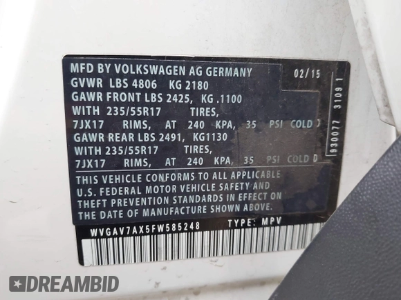 2015 Volkswagen Tiguan R-Line with VIN WVGAV7AX5FW585248, listed as a IAAI auction lot 41909618 with 137,448 mi miles and . Bid and sale history available at DreamBid. Image 9.