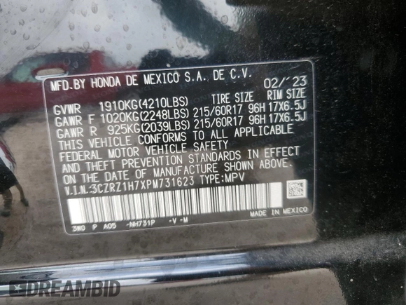2023 Honda HR-V EX-L with VIN 3CZRZ1H7XPM731623, listed as a Copart auction lot 55638795 with 19,955 mi miles and Salvage title. Bid and sale history available at DreamBid. Image 13.