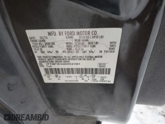 2013 Ford F-150 XL with VIN 1FTMF1EM4DKE21361, listed as a Copart auction lot 88074845 with 281,470 mi miles and Salvage Title. Bid and sale history available at DreamBid. Image 14.