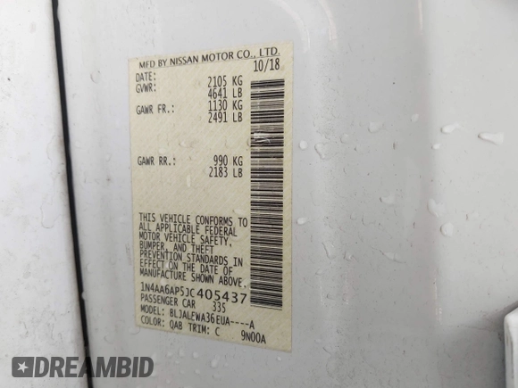 2018 Nissan Maxima SV with VIN 1N4AA6AP5JC405437, listed as a IAAI auction lot 41180470 with 59,319 mi miles and . Bid and sale history available at DreamBid. Image 9.