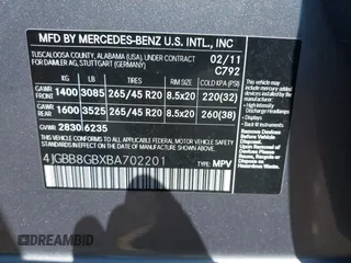 2011 Mercedes-Benz M 350 with VIN 4JGBB8GBXBA702201, listed as a IAAI auction lot 42096046 with 144,342 mi miles and . Bid and sale history available at DreamBid. Image 9.