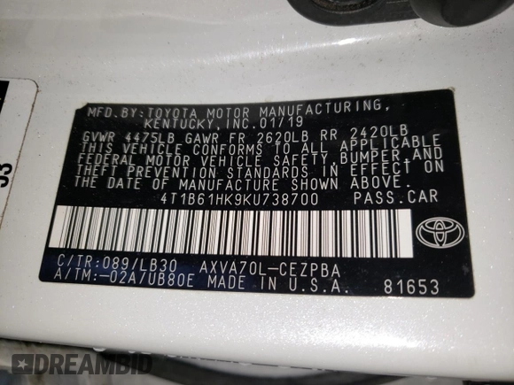 2019 Toyota Camry XSE with VIN 4T1B61HK9KU738700, listed as a Copart auction lot 45981085 with 37,424 mi miles and Clean Title. Bid and sale history available at carsss.com. Image 12.